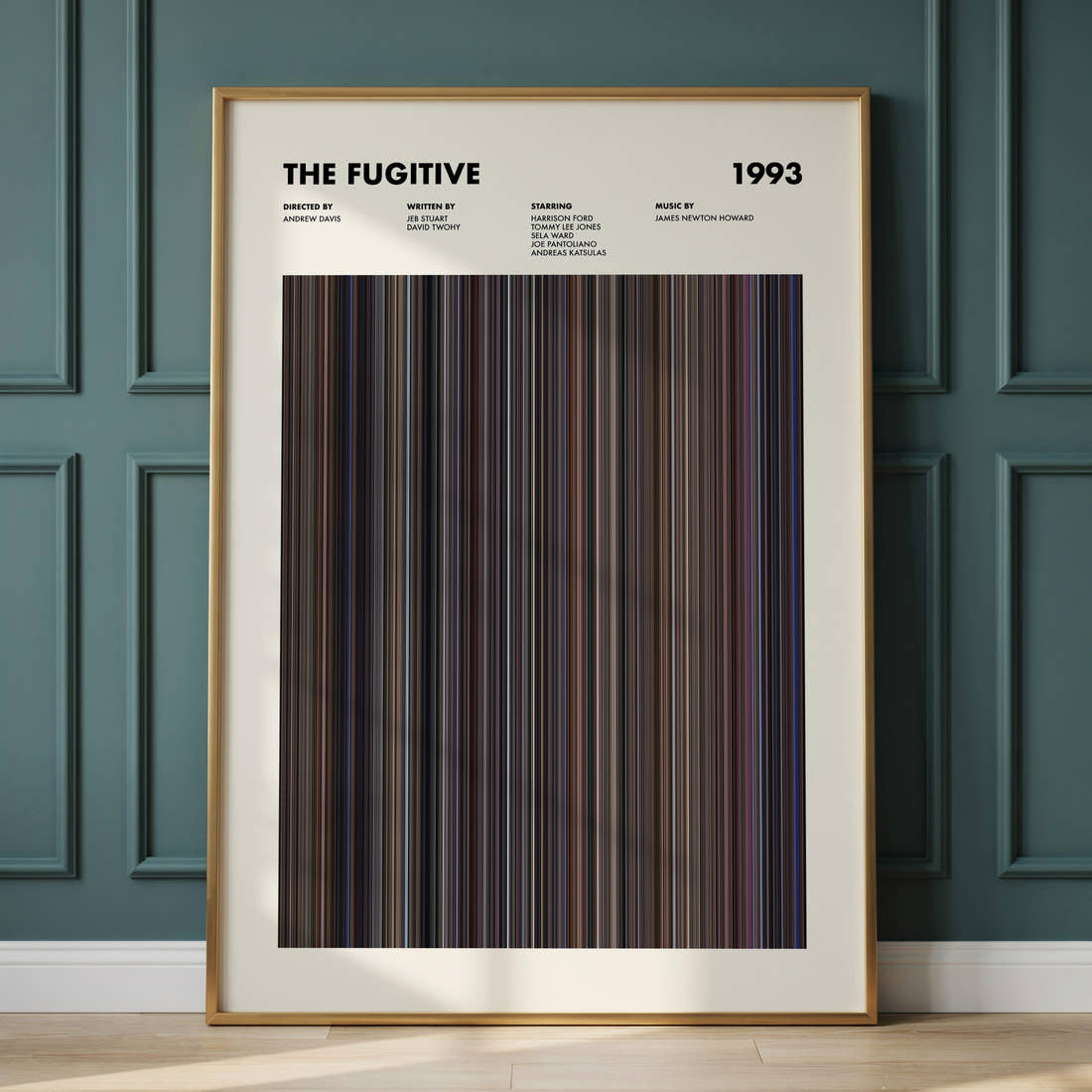 The Fugitive Movie Barcode Poster framed and leaning against a panelled wall