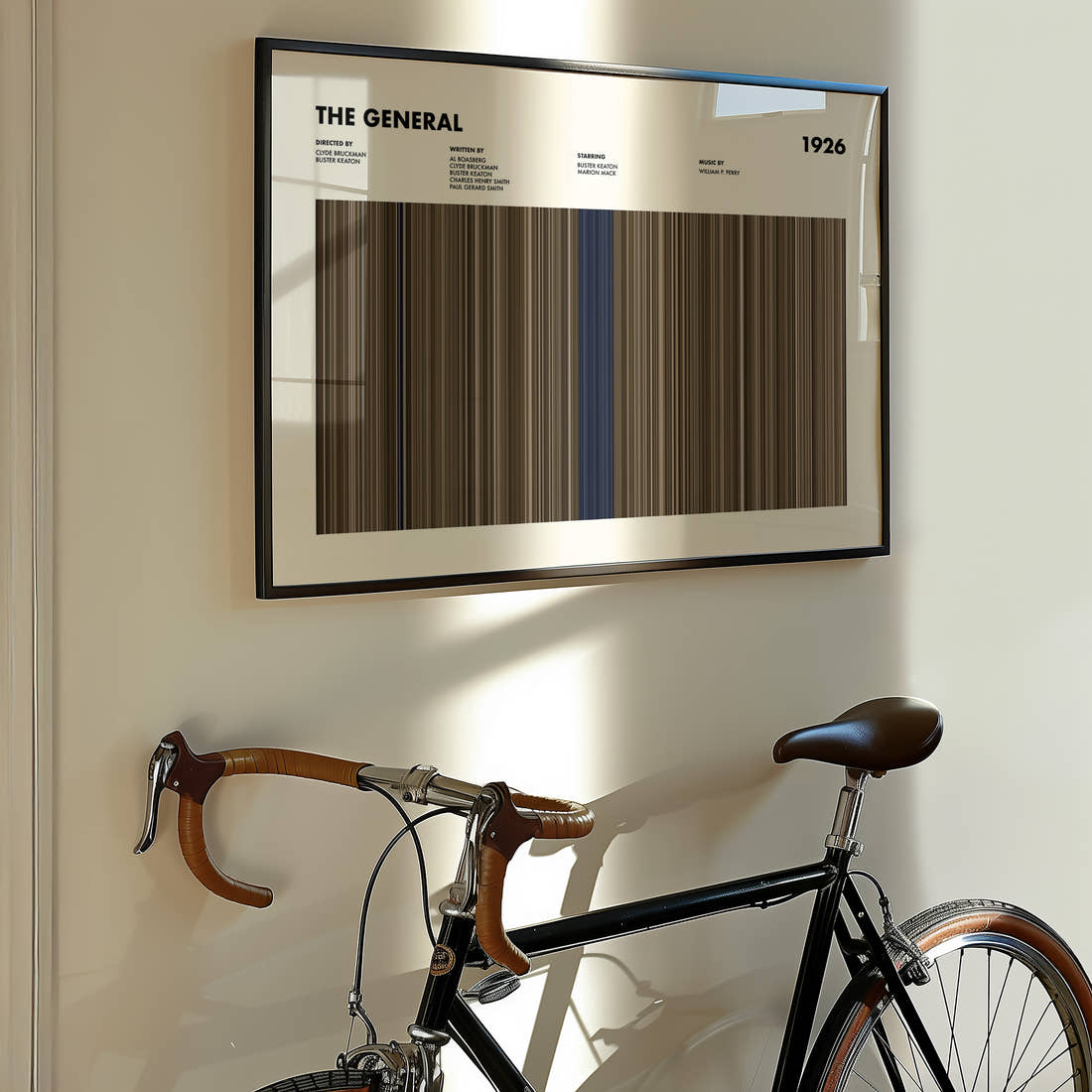 The General Movie Barcode Poster framed on the wall of a styled room setting