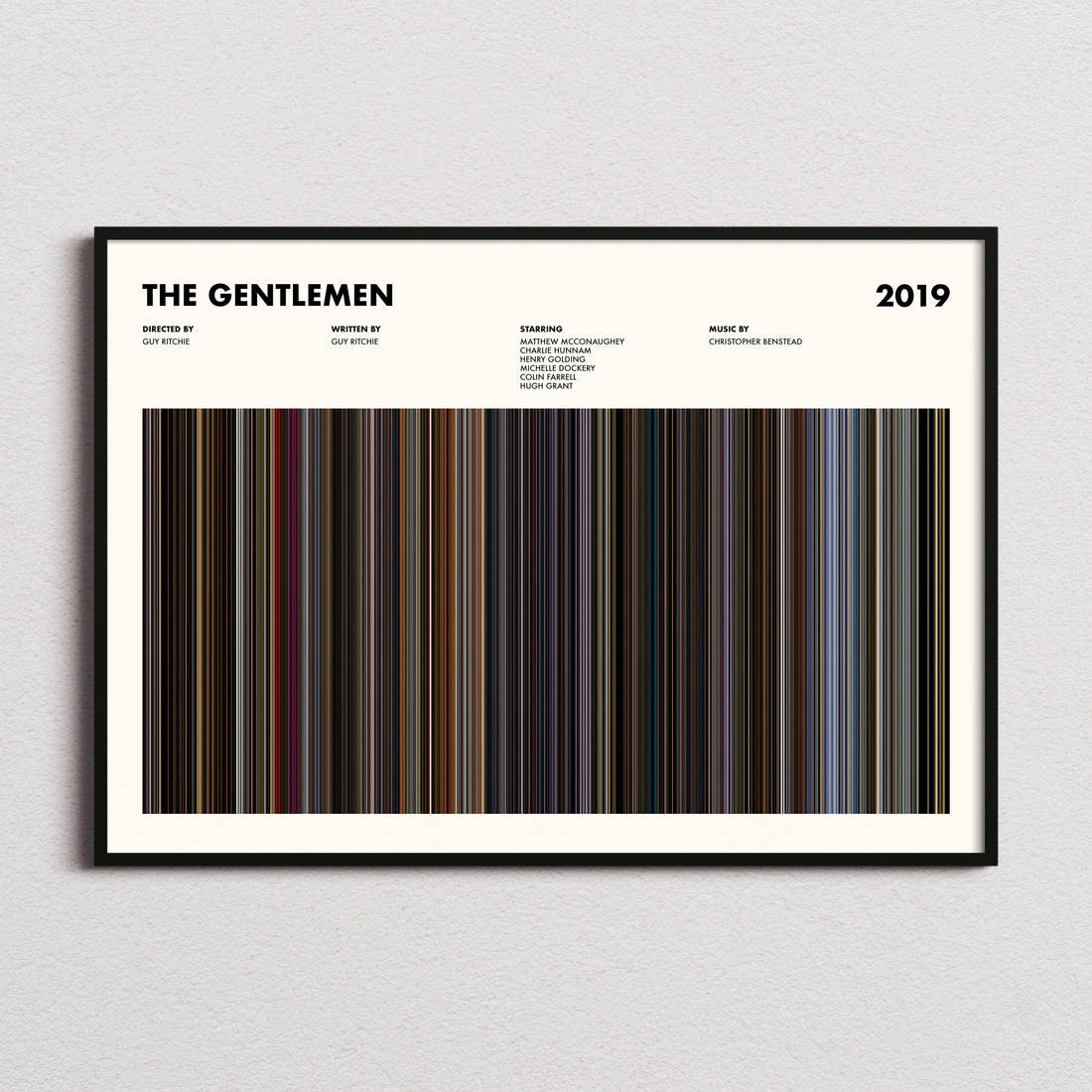 The Gentlemen Movie Barcode Poster framed and photographed straight on
