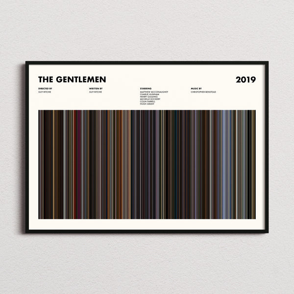 The Gentlemen Movie Barcode Poster framed and photographed straight on