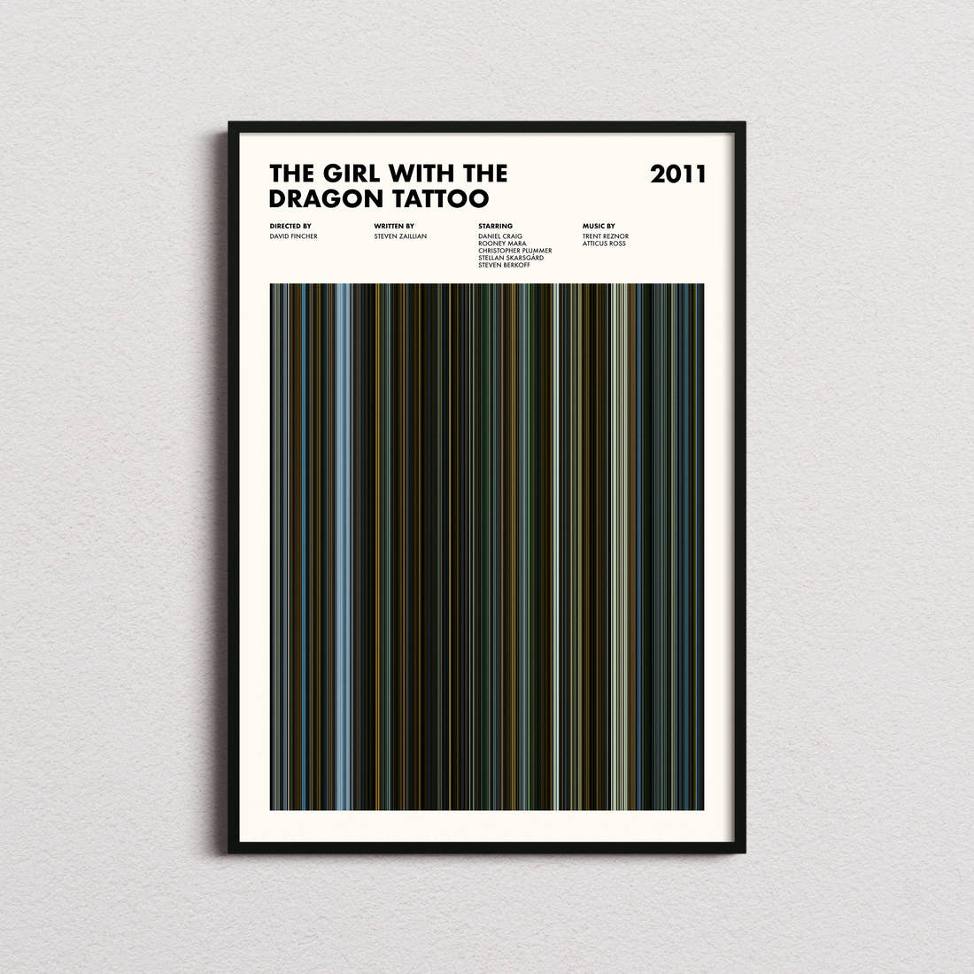 The Girl with the Dragon Tattoo Movie Barcode Poster framed on a plain studio wall