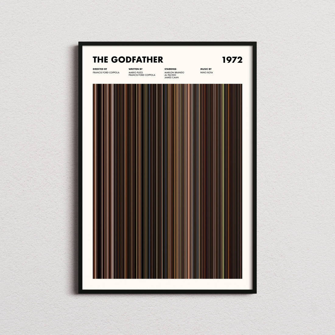 The Godfather Movie Barcode Poster framed on a plain studio wall
