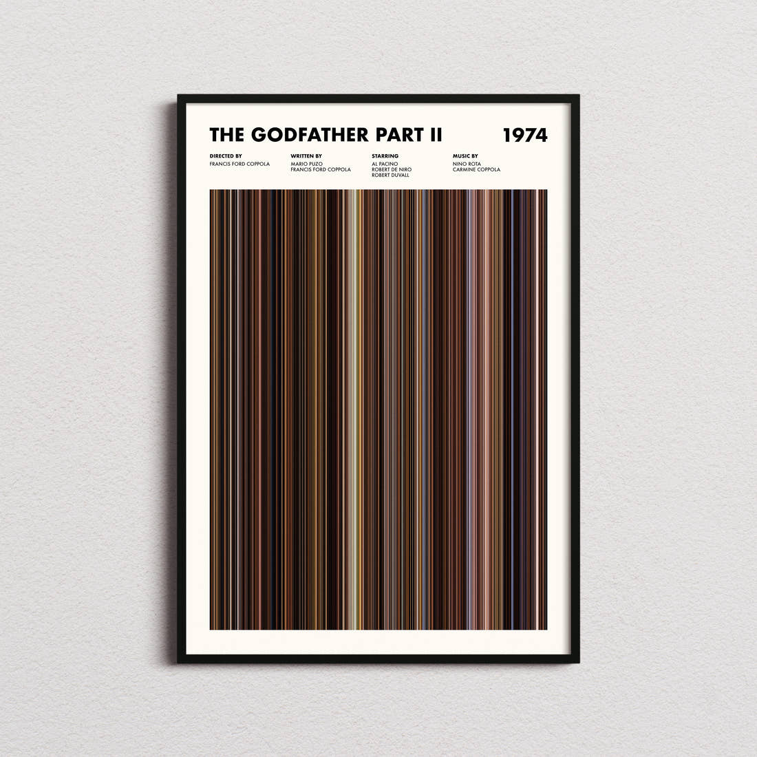 The Godfather 2 Movie Barcode Poster framed on a plain studio wall