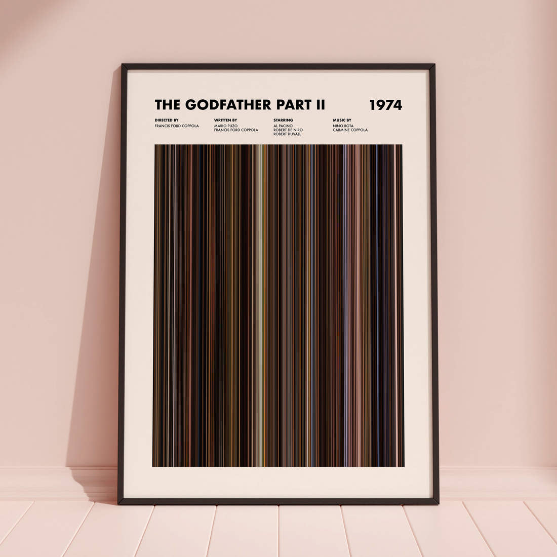 The Godfather 2 Movie Barcode Poster framed and leaning against a coloured wall