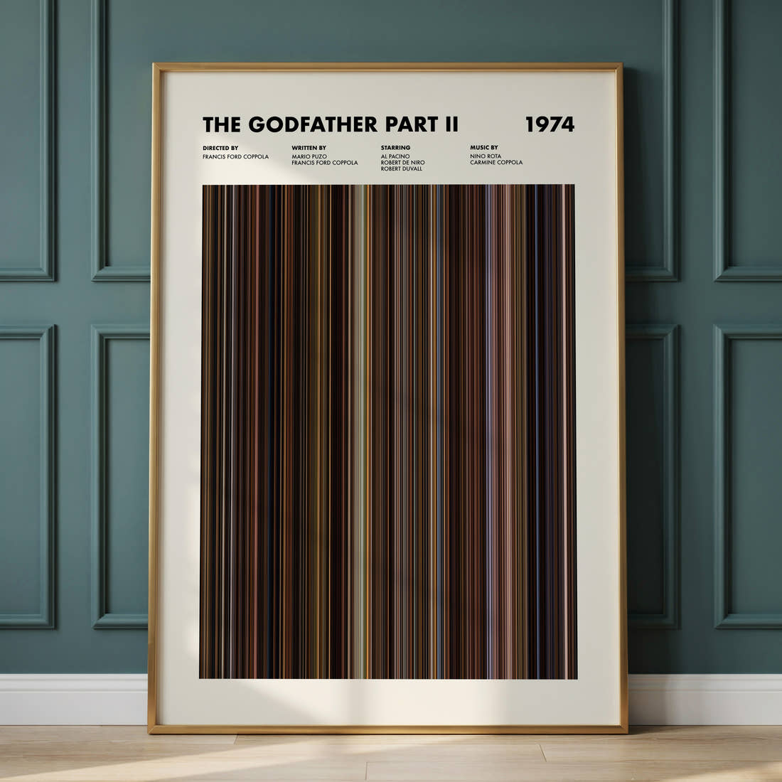 The Godfather 2 Movie Barcode Poster framed and leaning against a panelled wall