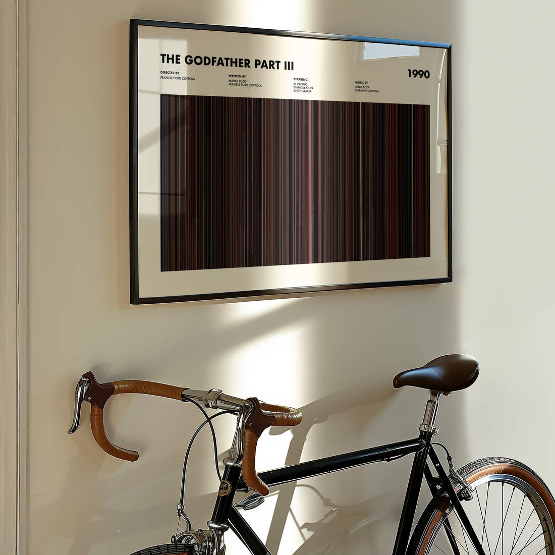 The Godfather 3 Movie Barcode Poster framed on the wall of a styled room setting