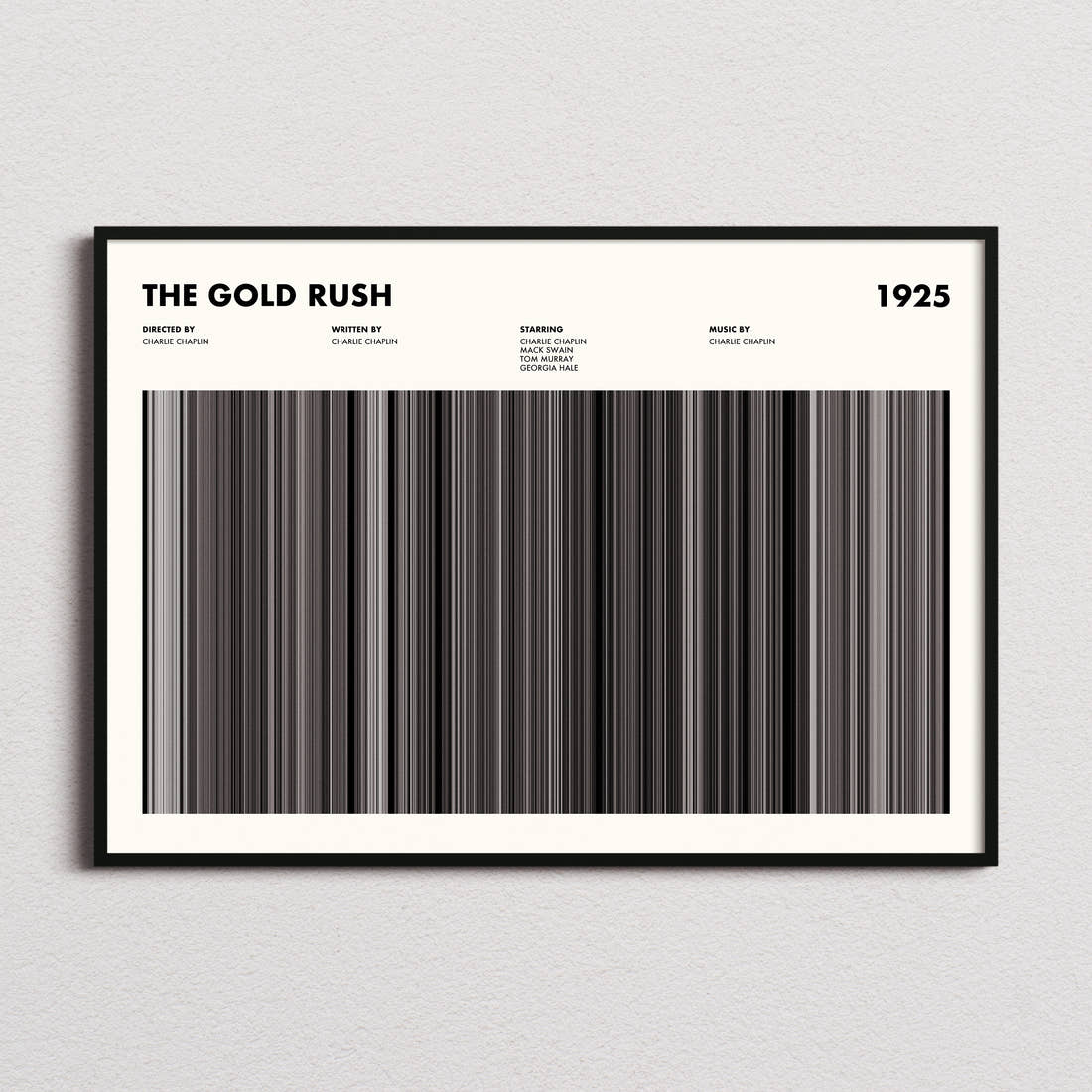 The Gold Rush Movie Barcode Poster framed and photographed straight on