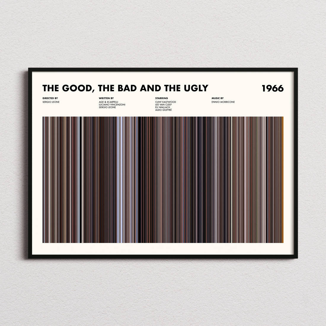 The Good, the Bad and the Ugly Movie Barcode Poster framed and photographed straight on
