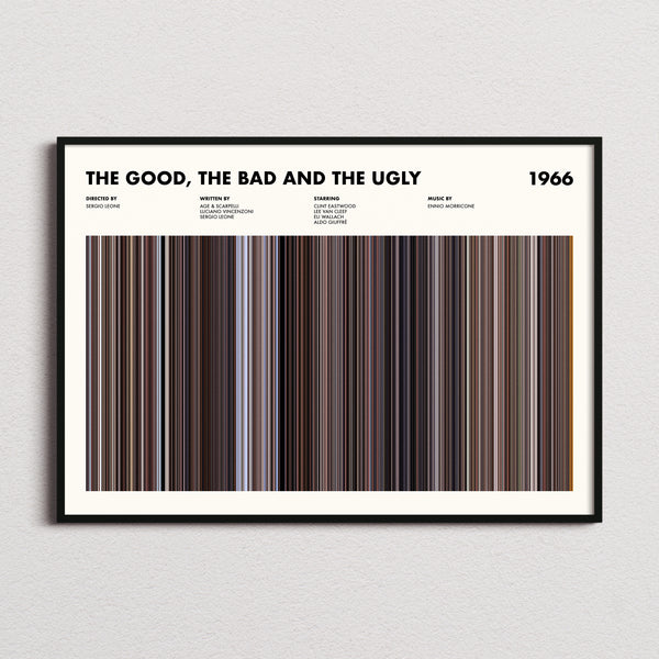 The Good, the Bad and the Ugly Movie Barcode Poster framed and photographed straight on