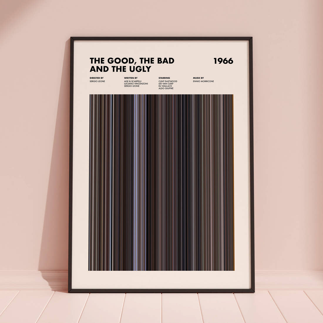 The Good, the Bad and the Ugly Movie Barcode Poster framed and leaning against a coloured wall