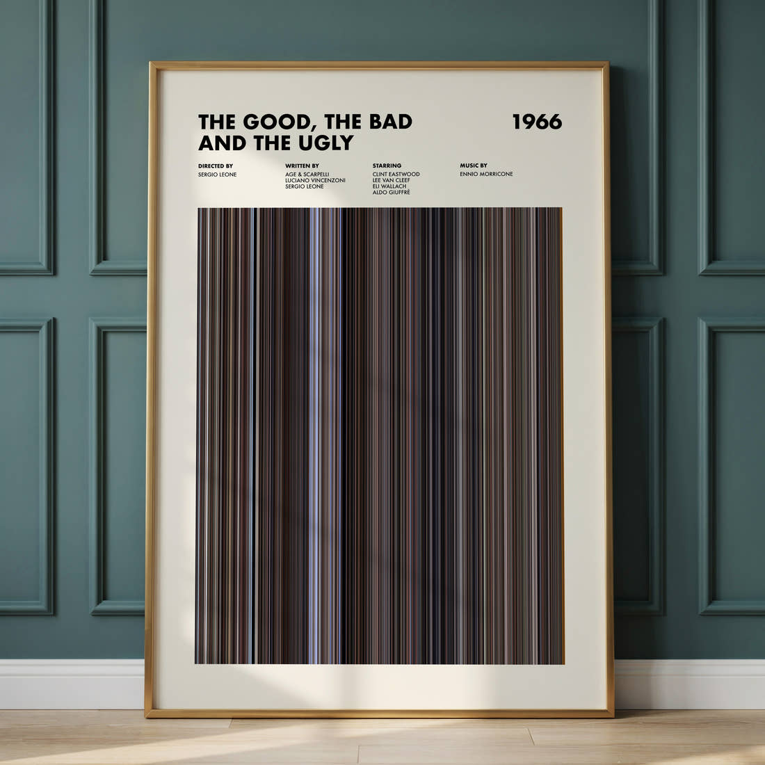 The Good, the Bad and the Ugly Movie Barcode Poster framed and leaning against a panelled wall