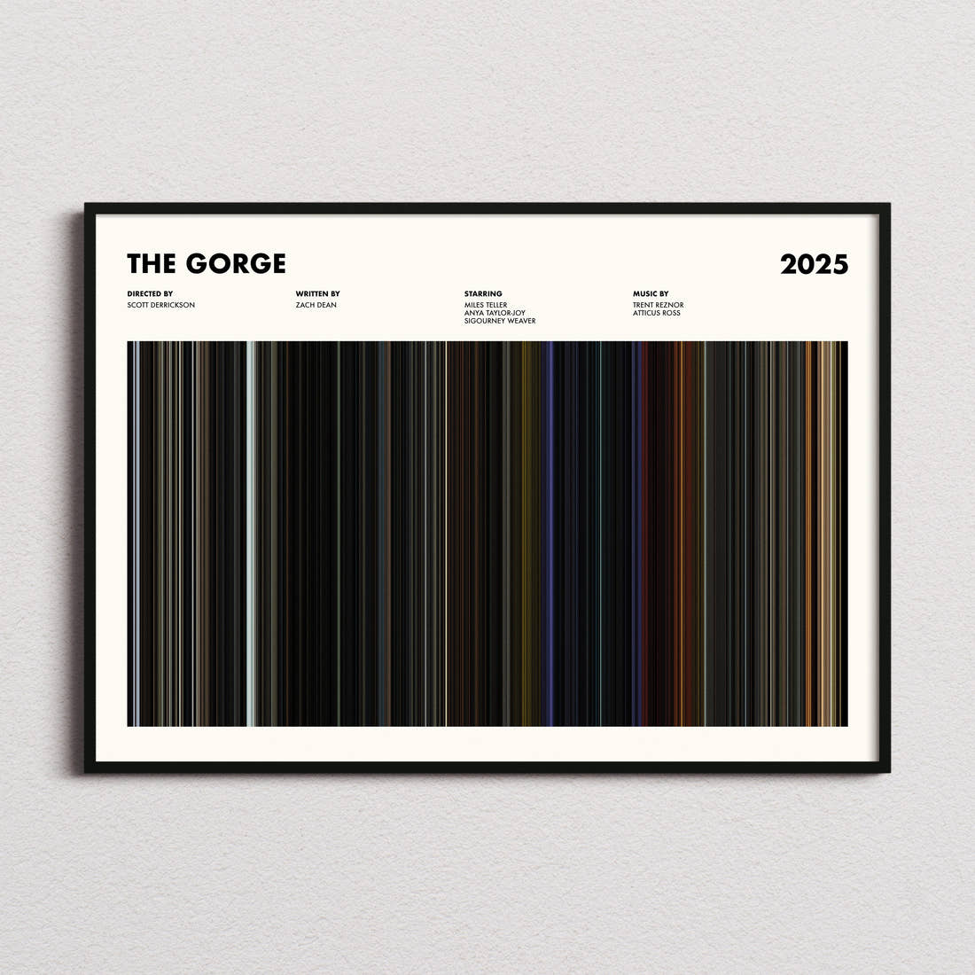 The Gorge Movie Barcode Poster framed and photographed straight on
