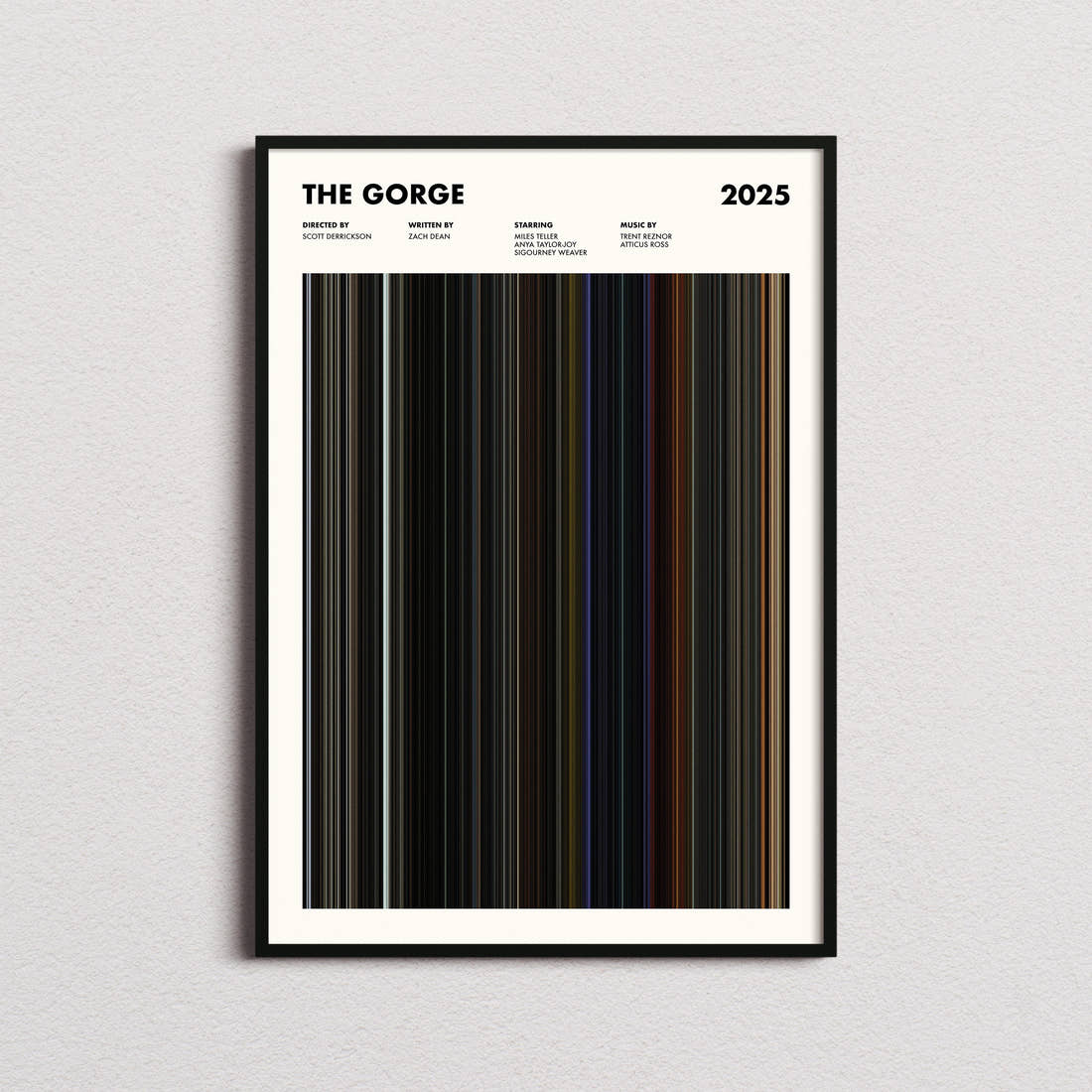 The Gorge Movie Barcode Poster framed on a plain studio wall