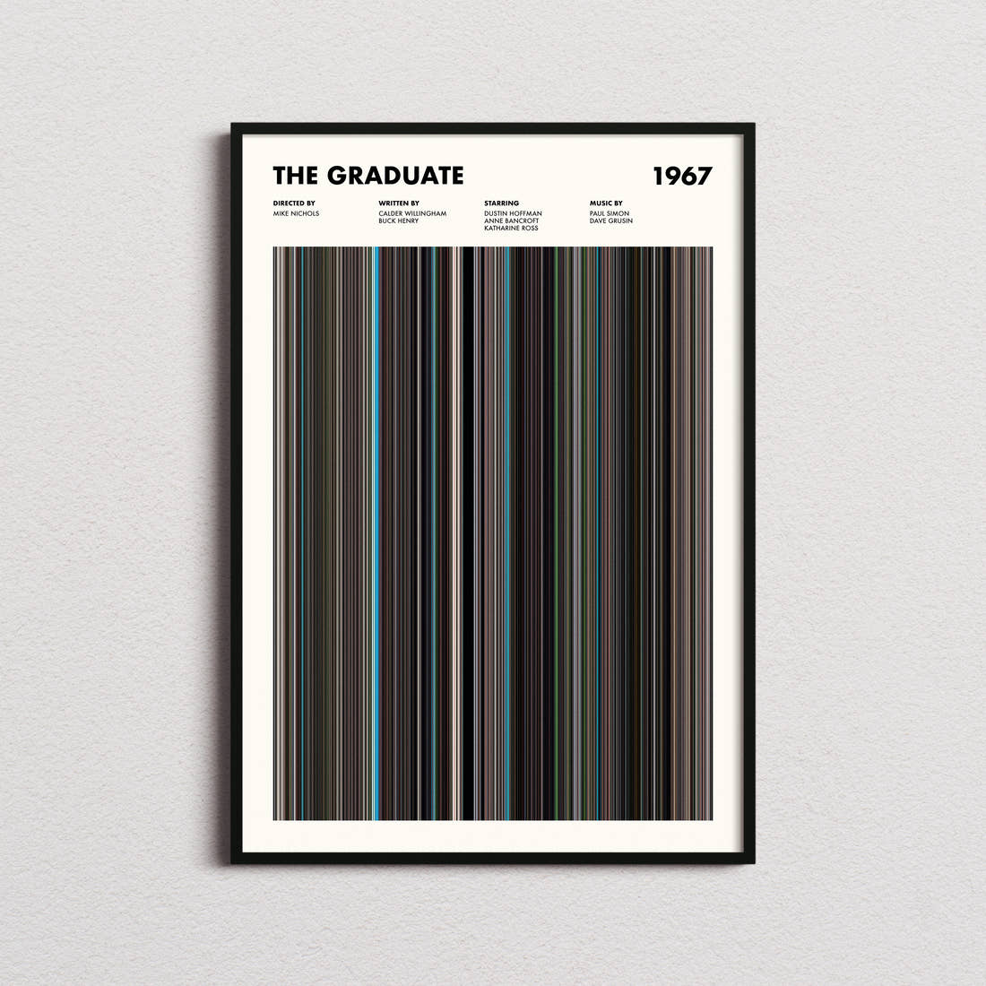 The Graduate Movie Barcode Poster framed on a plain studio wall