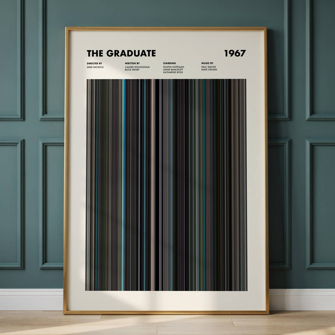 The Graduate Movie Barcode Poster framed and leaning against a panelled wall