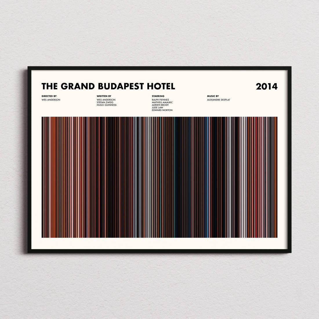 The Grand Budapest Hotel Movie Barcode Poster framed and photographed straight on