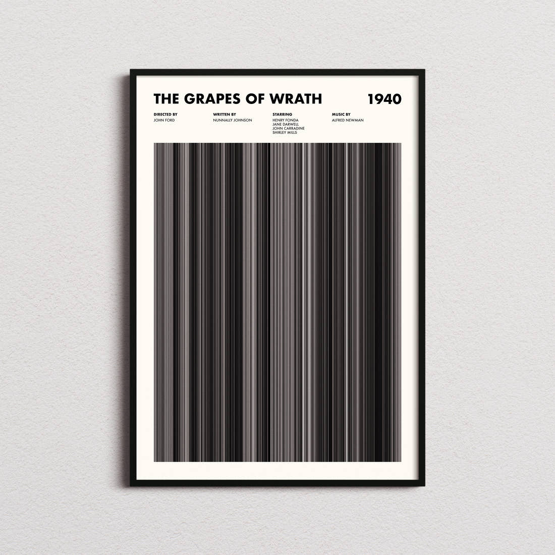 The Grapes Of Wrath Movie Barcode Poster framed on a plain studio wall