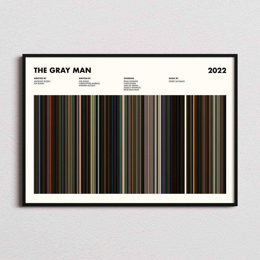 The Gray Man Movie Barcode Poster framed and photographed straight on