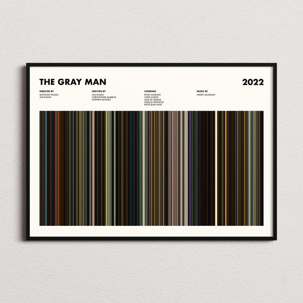 The Gray Man Movie Barcode Poster framed and photographed straight on