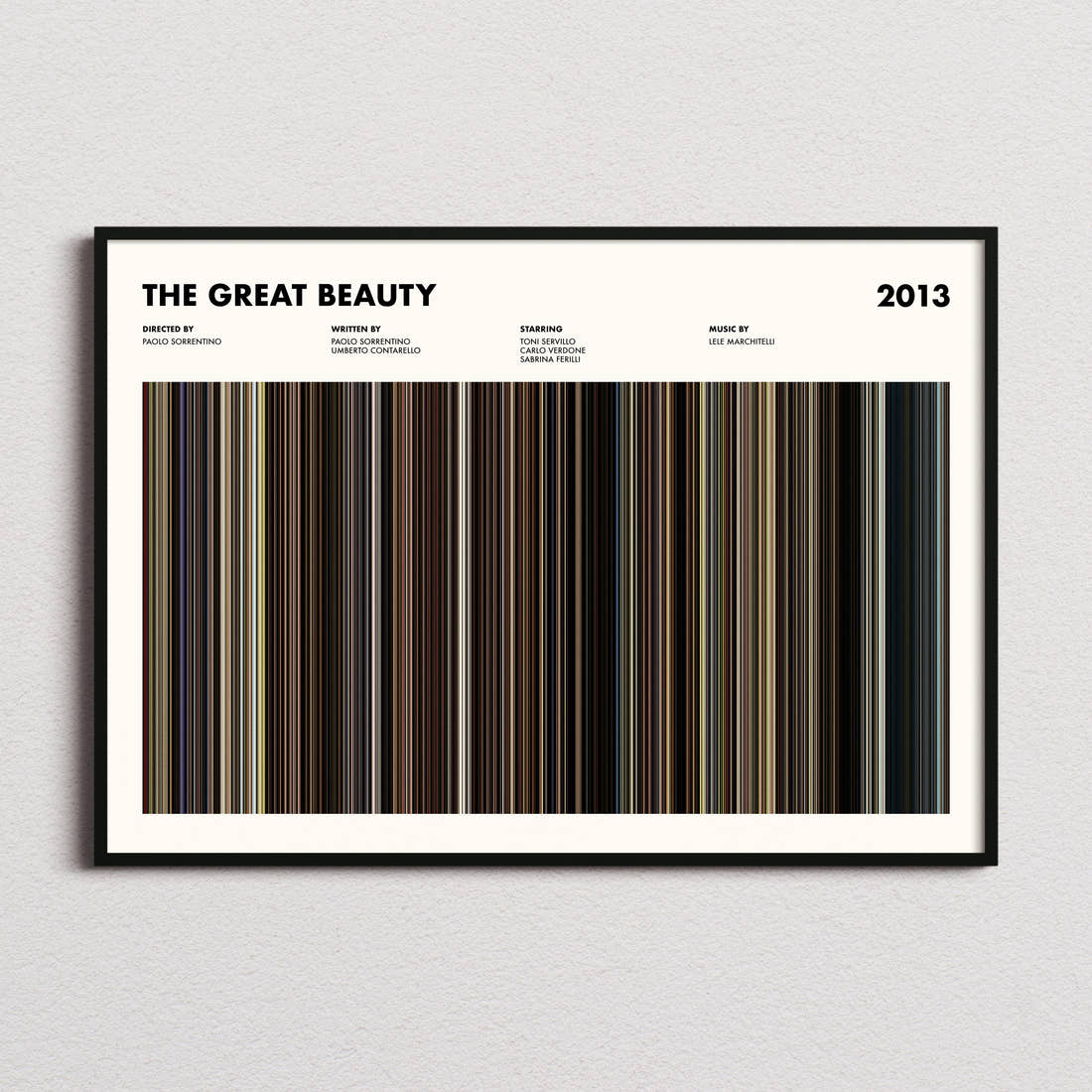 The Great Beauty Movie Barcode Poster framed and photographed straight on