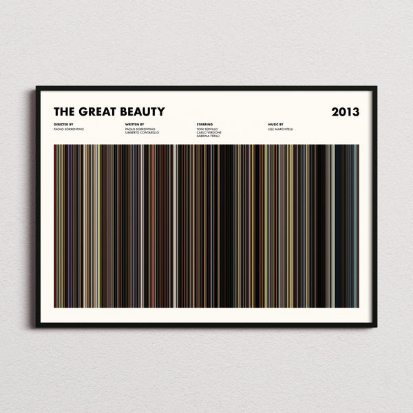 The Great Beauty Movie Barcode Poster framed and photographed straight on