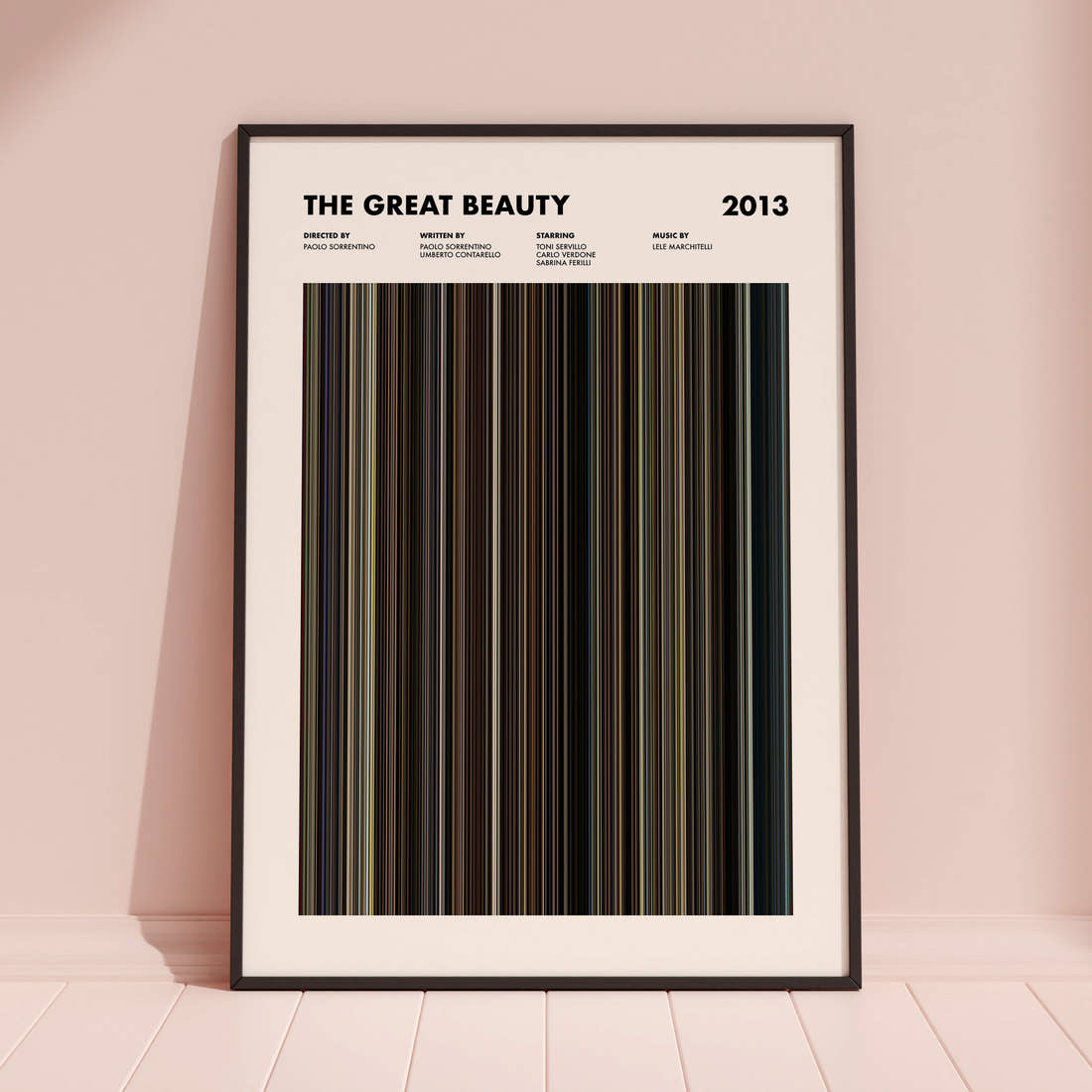 The Great Beauty Movie Barcode Poster framed and leaning against a coloured wall