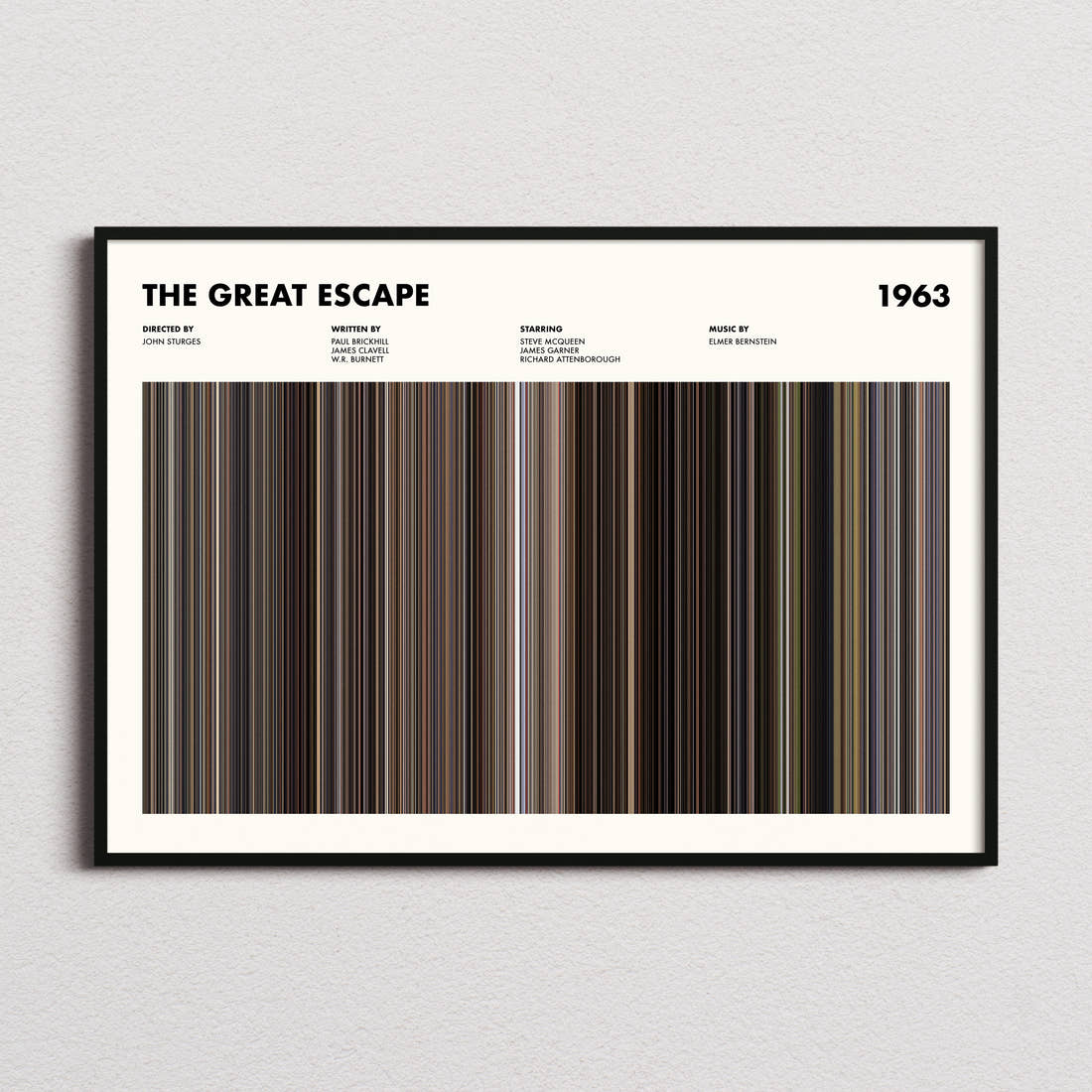 The Great Escape Movie Barcode Poster framed and photographed straight on