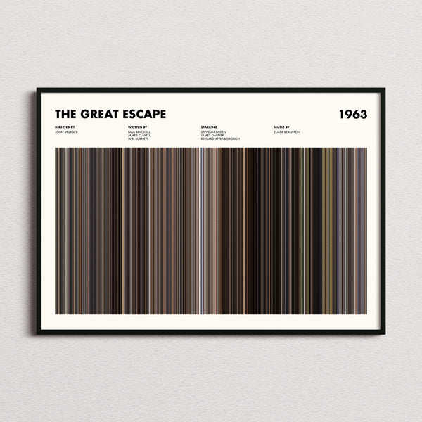 The Great Escape Movie Barcode Poster framed and photographed straight on