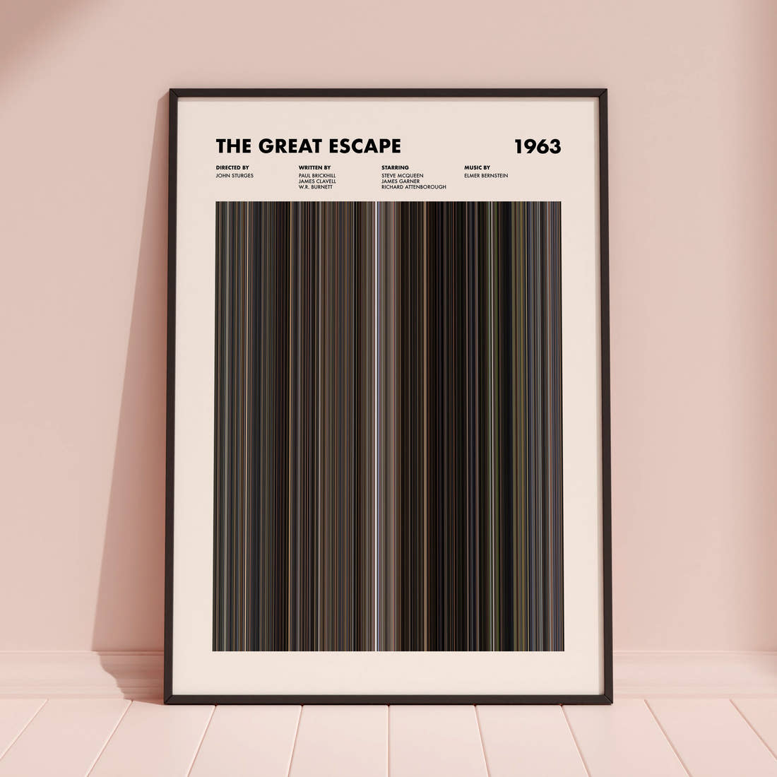 The Great Escape Movie Barcode Poster framed and leaning against a coloured wall