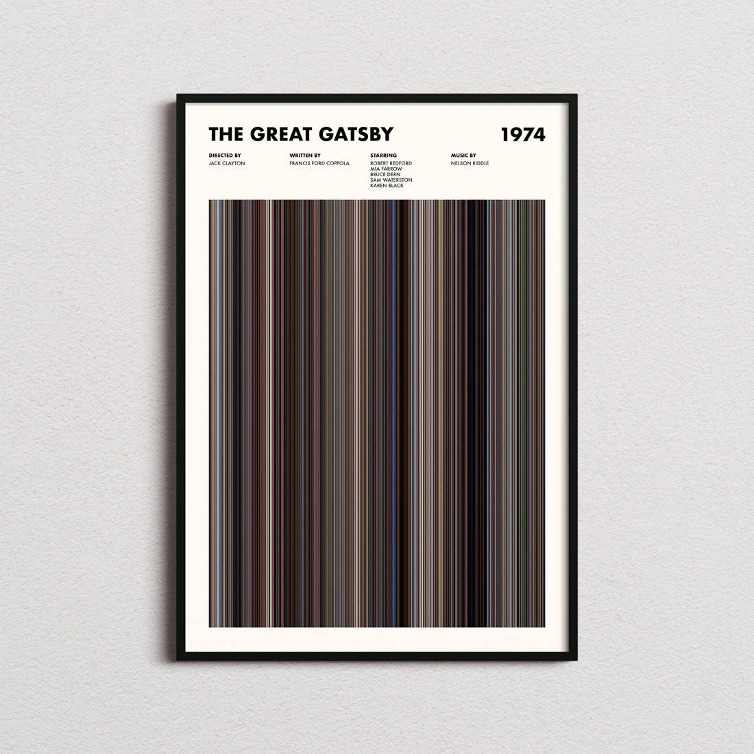 The Great Gatsby 1974 Movie Barcode Poster framed on a plain studio wall