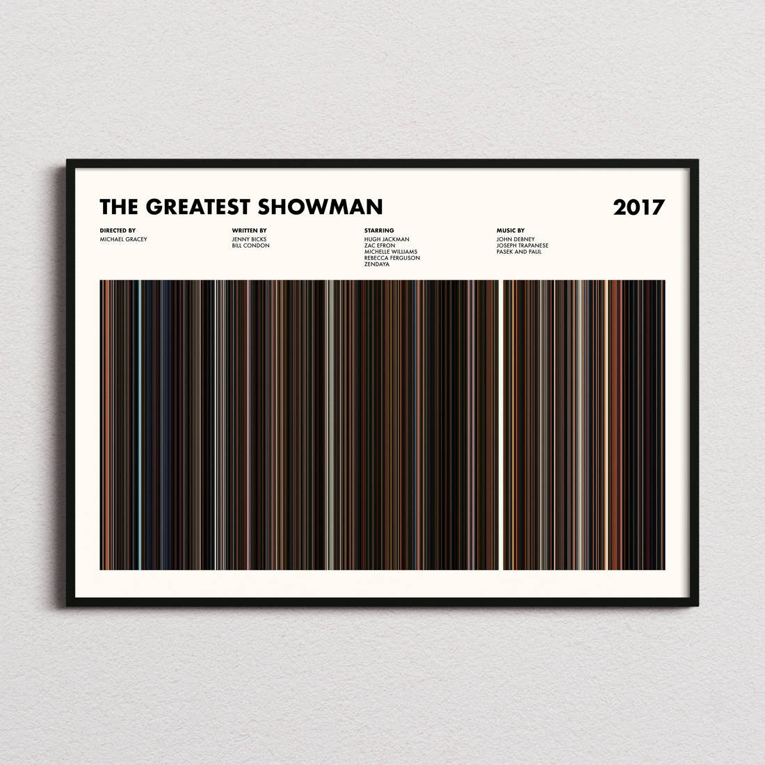 The Greatest Showman Movie Barcode Poster framed and photographed straight on