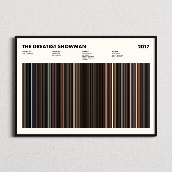 The Greatest Showman Movie Barcode Poster framed and photographed straight on