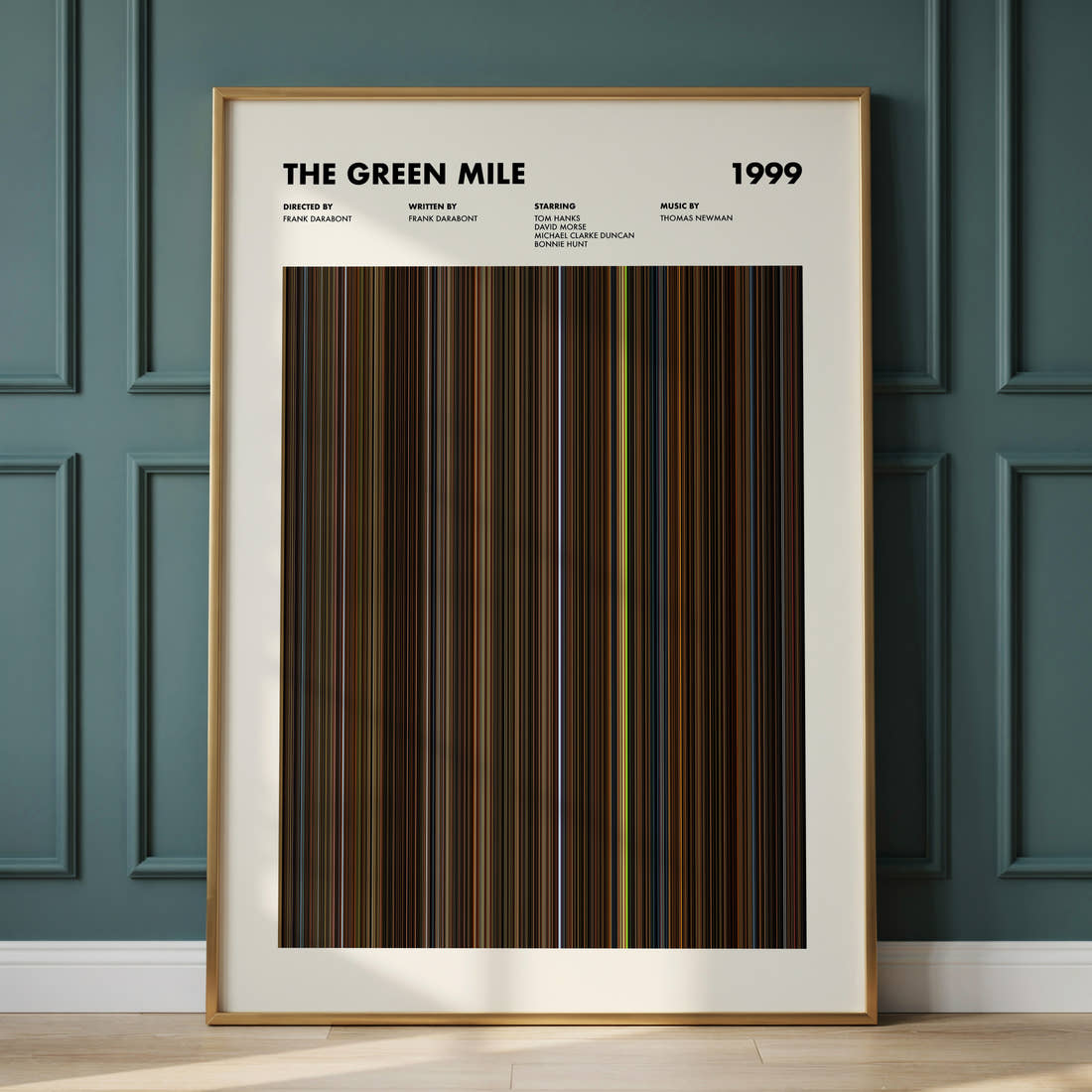 The Green Mile Movie Barcode Poster framed and leaning against a panelled wall