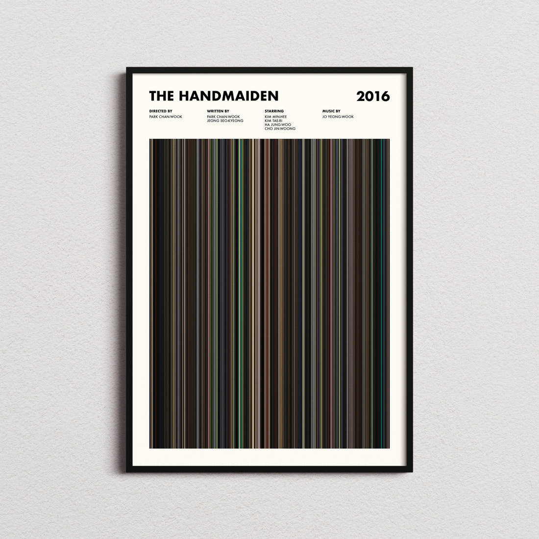 The Handmaiden Movie Barcode Poster framed on a plain studio wall
