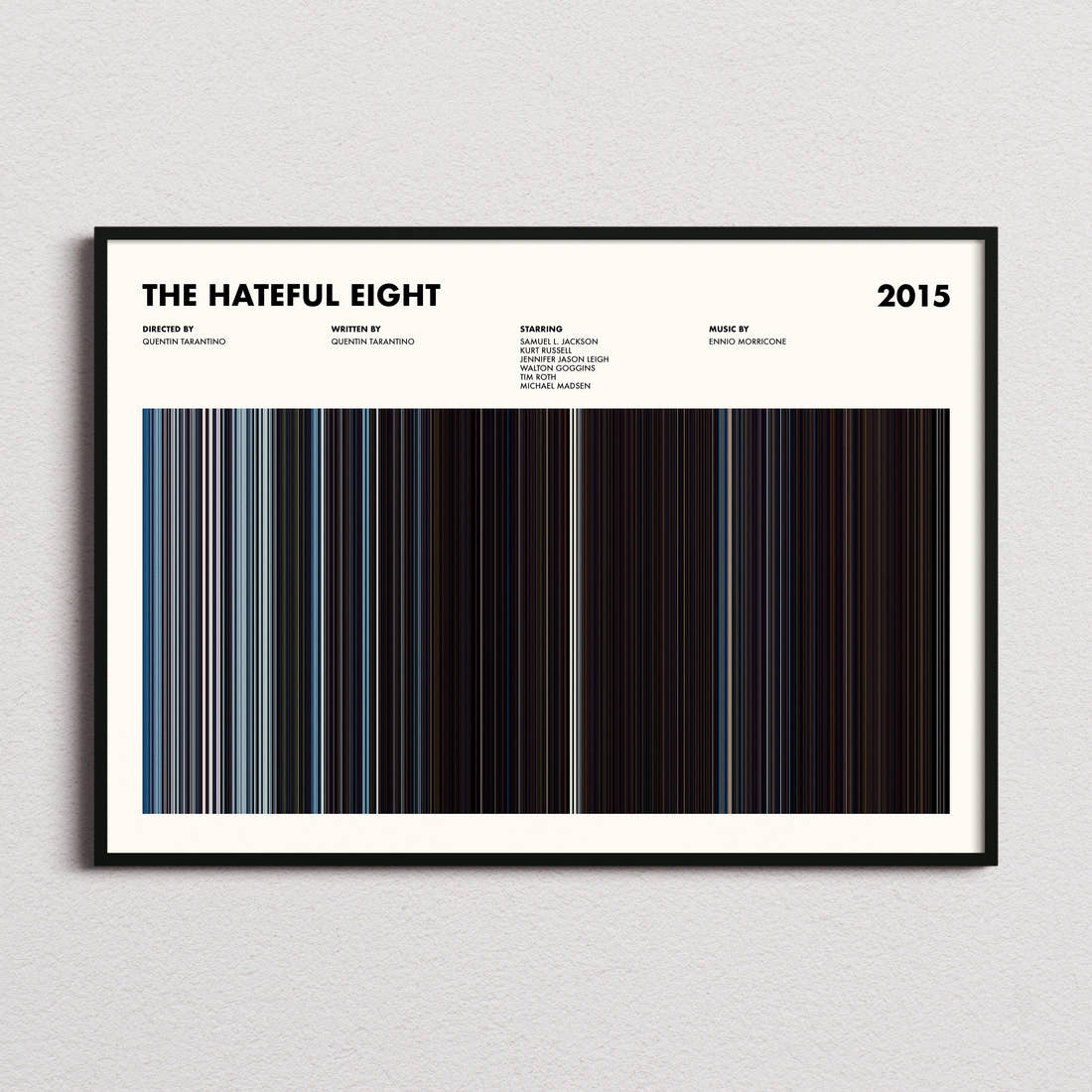 The Hateful Eight Movie Barcode Poster framed and photographed straight on