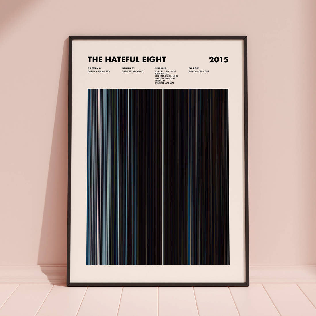 The Hateful Eight Movie Barcode Poster framed and leaning against a coloured wall