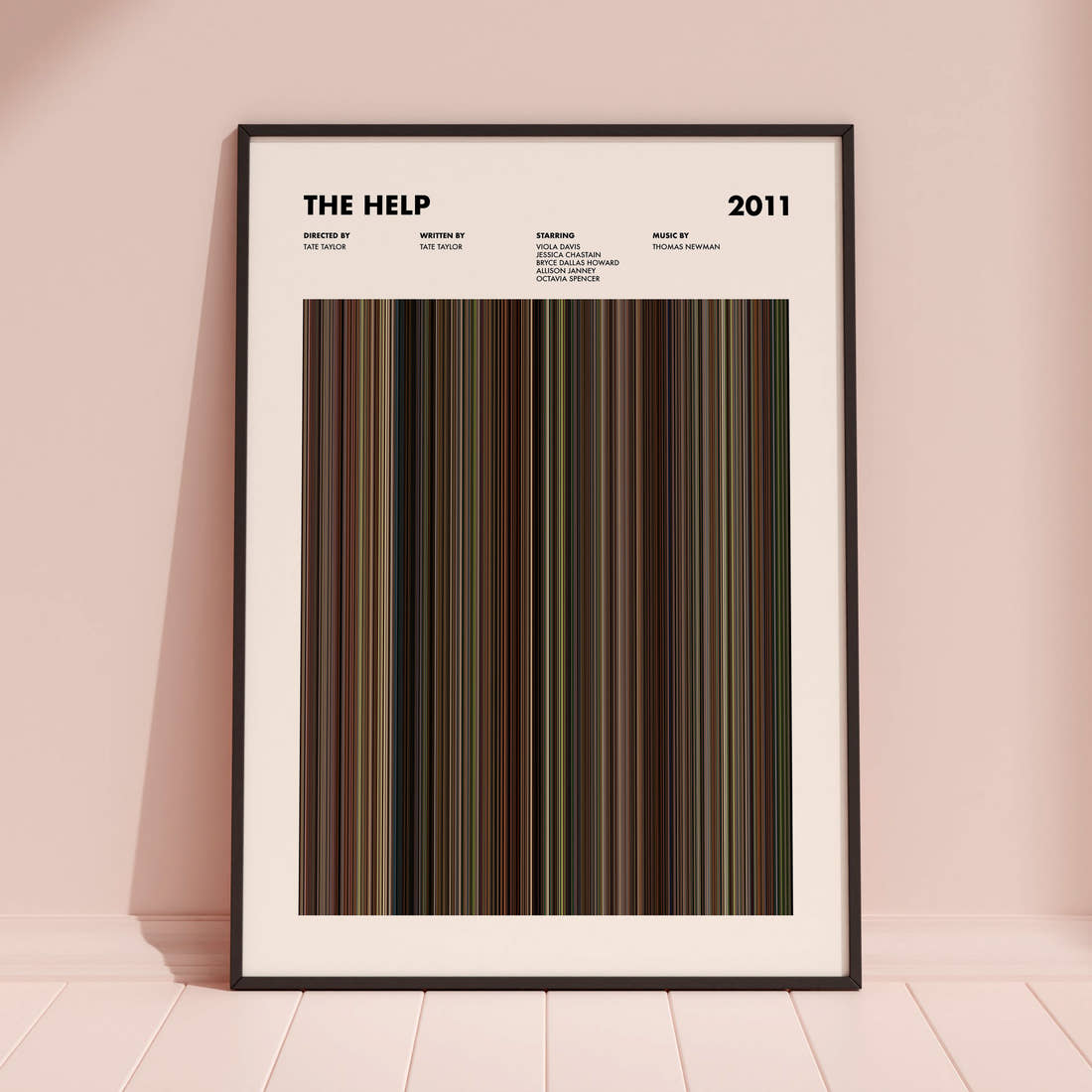 The Help Movie Barcode Poster framed and leaning against a coloured wall