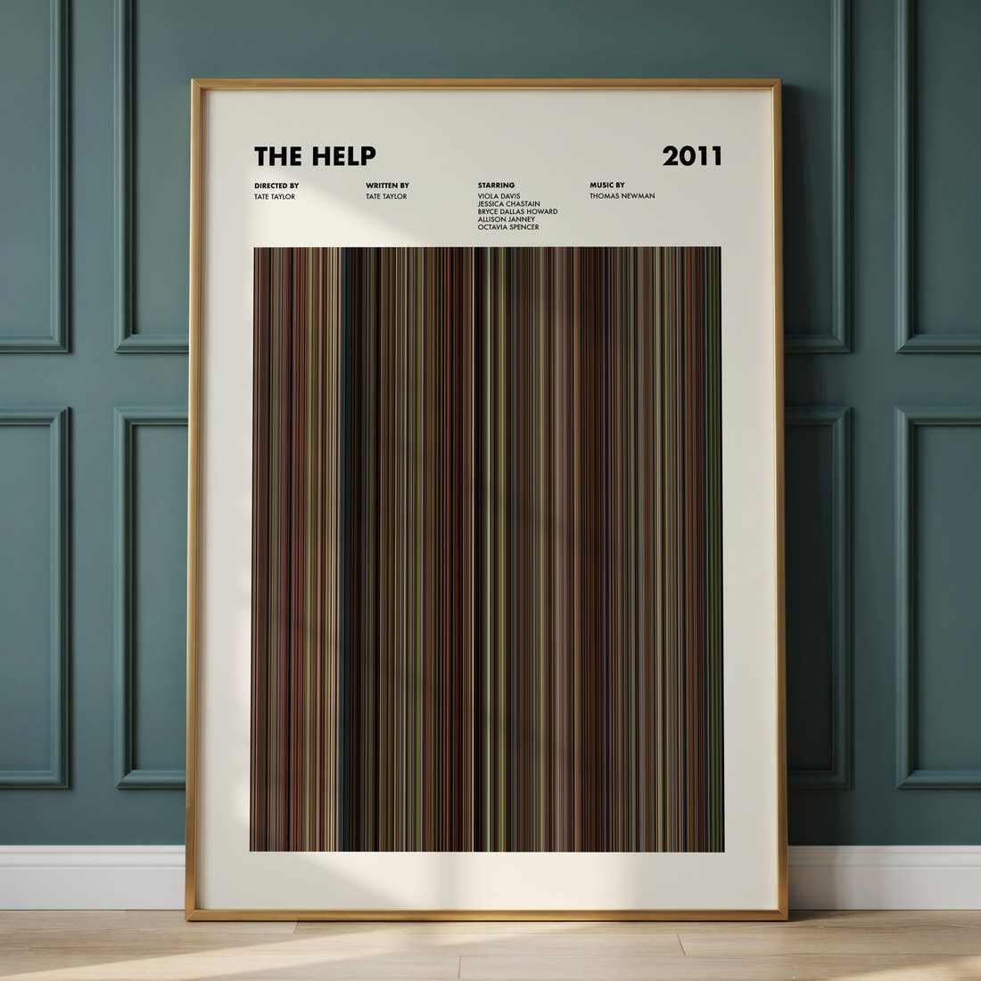 The Help Movie Barcode Poster framed and leaning against a panelled wall