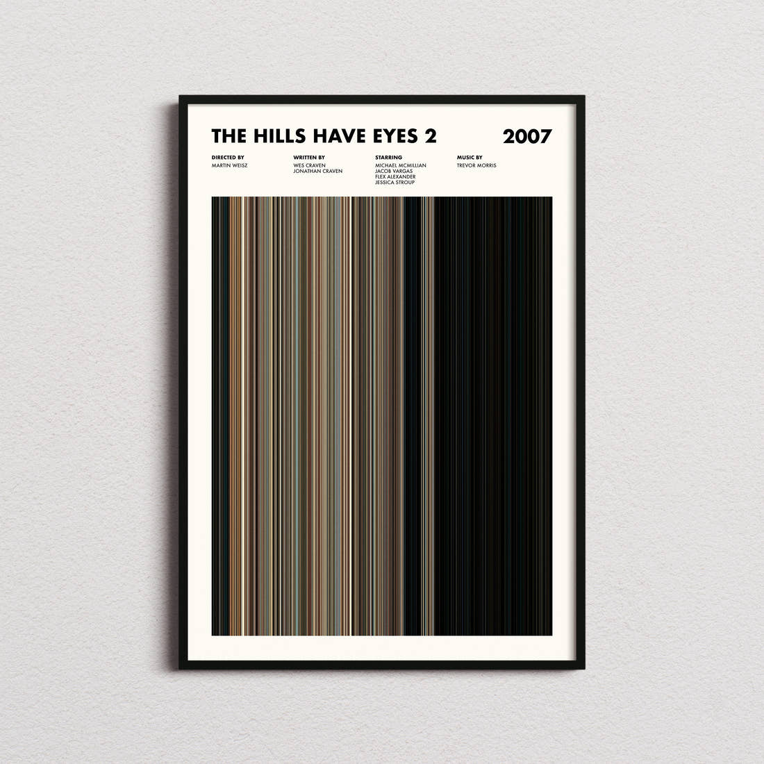 The Hills Have Eyes 2 Movie Barcode Poster framed on a plain studio wall