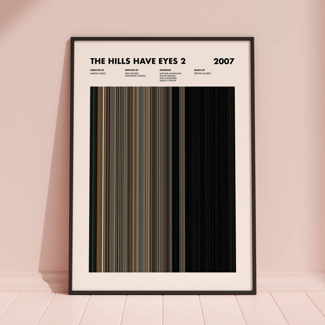 The Hills Have Eyes 2 Movie Barcode Poster framed and leaning against a coloured wall
