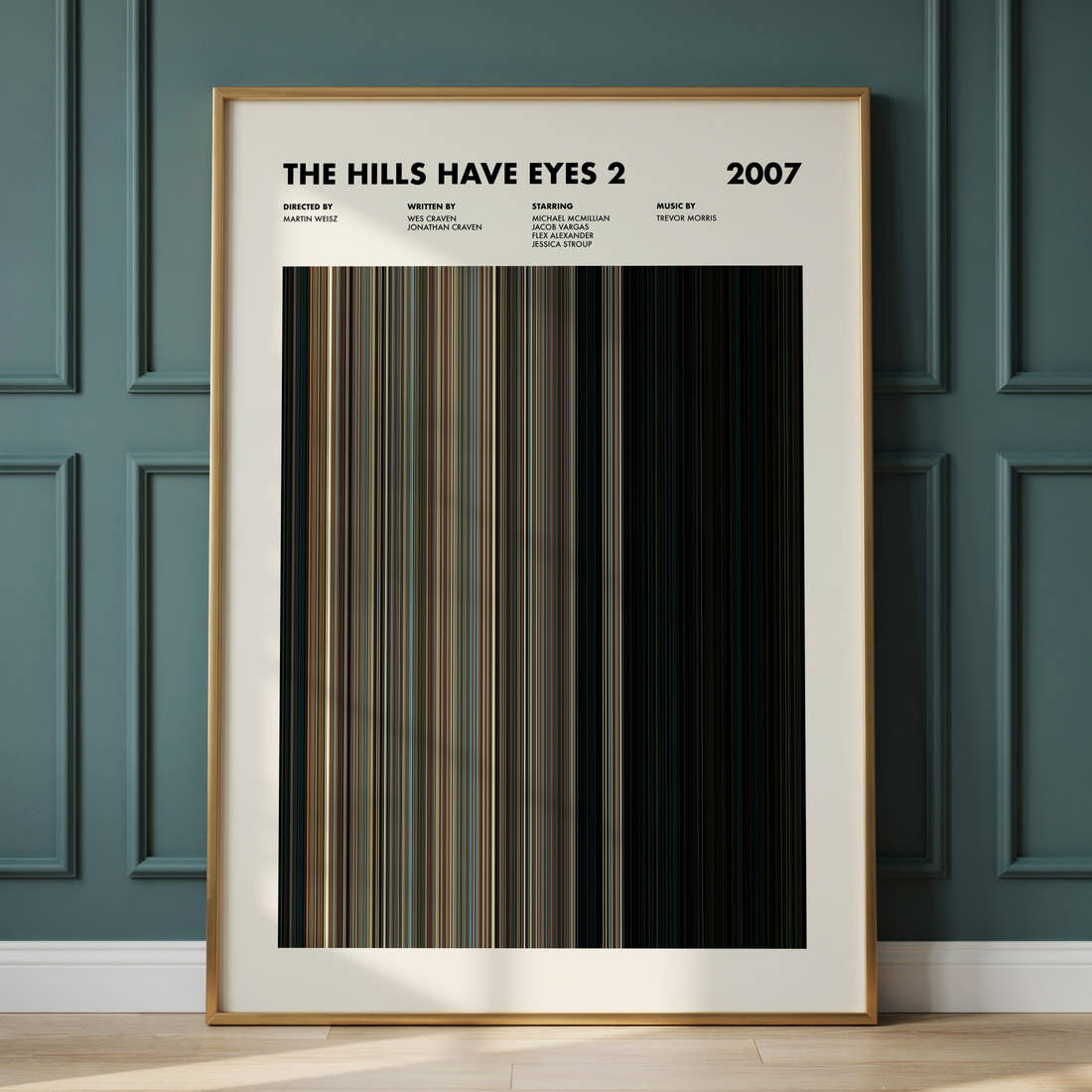 The Hills Have Eyes 2 Movie Barcode Poster framed and leaning against a panelled wall
