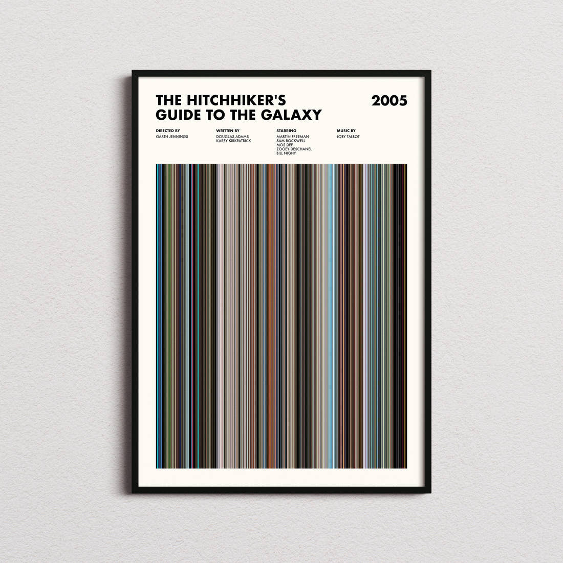 The Hitchhikers Guide To The Galaxy Movie Barcode Poster framed on a plain studio wall