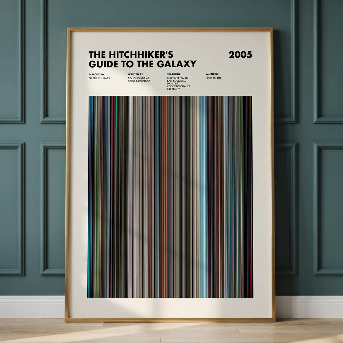 The Hitchhikers Guide To The Galaxy Movie Barcode Poster framed and leaning against a panelled wall