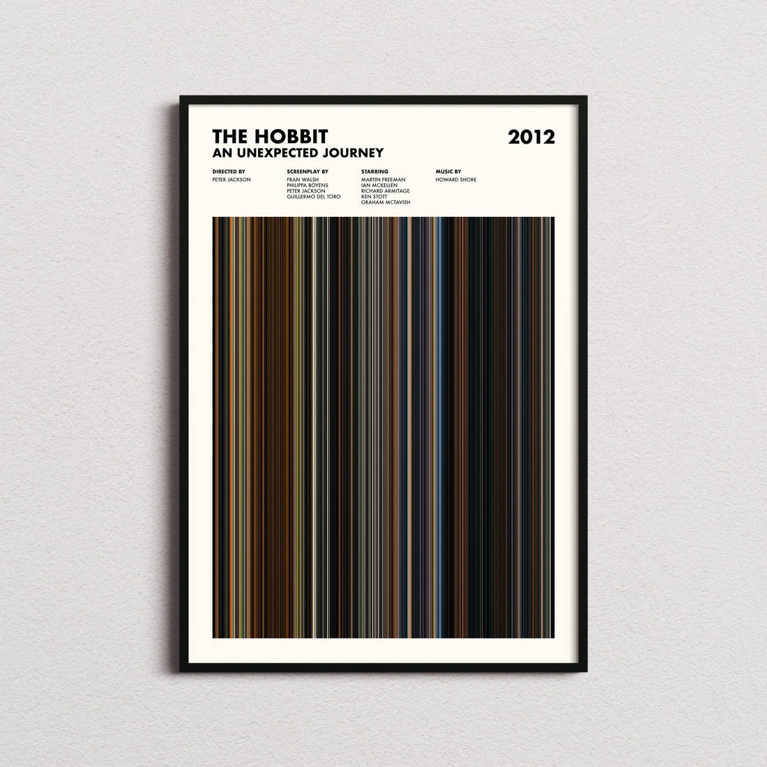 The Hobbit: An Unexpected Journey Movie Barcode Poster framed on a plain studio wall
