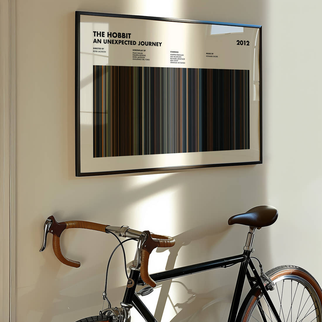 The Hobbit: An Unexpected Journey Movie Barcode Poster framed on the wall of a styled room setting