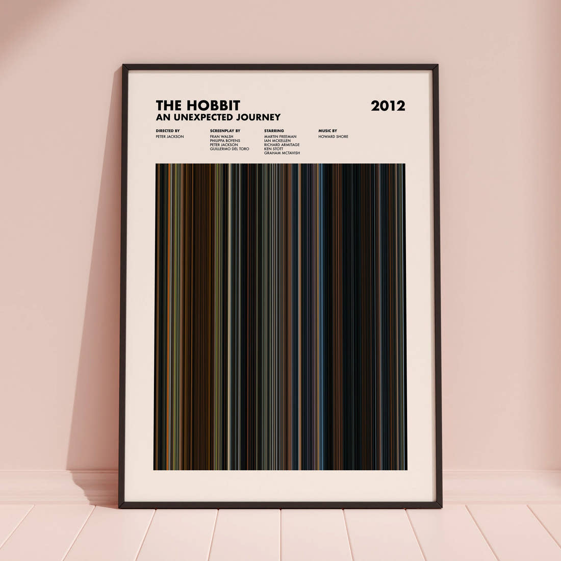 The Hobbit: An Unexpected Journey Movie Barcode Poster framed and leaning against a coloured wall