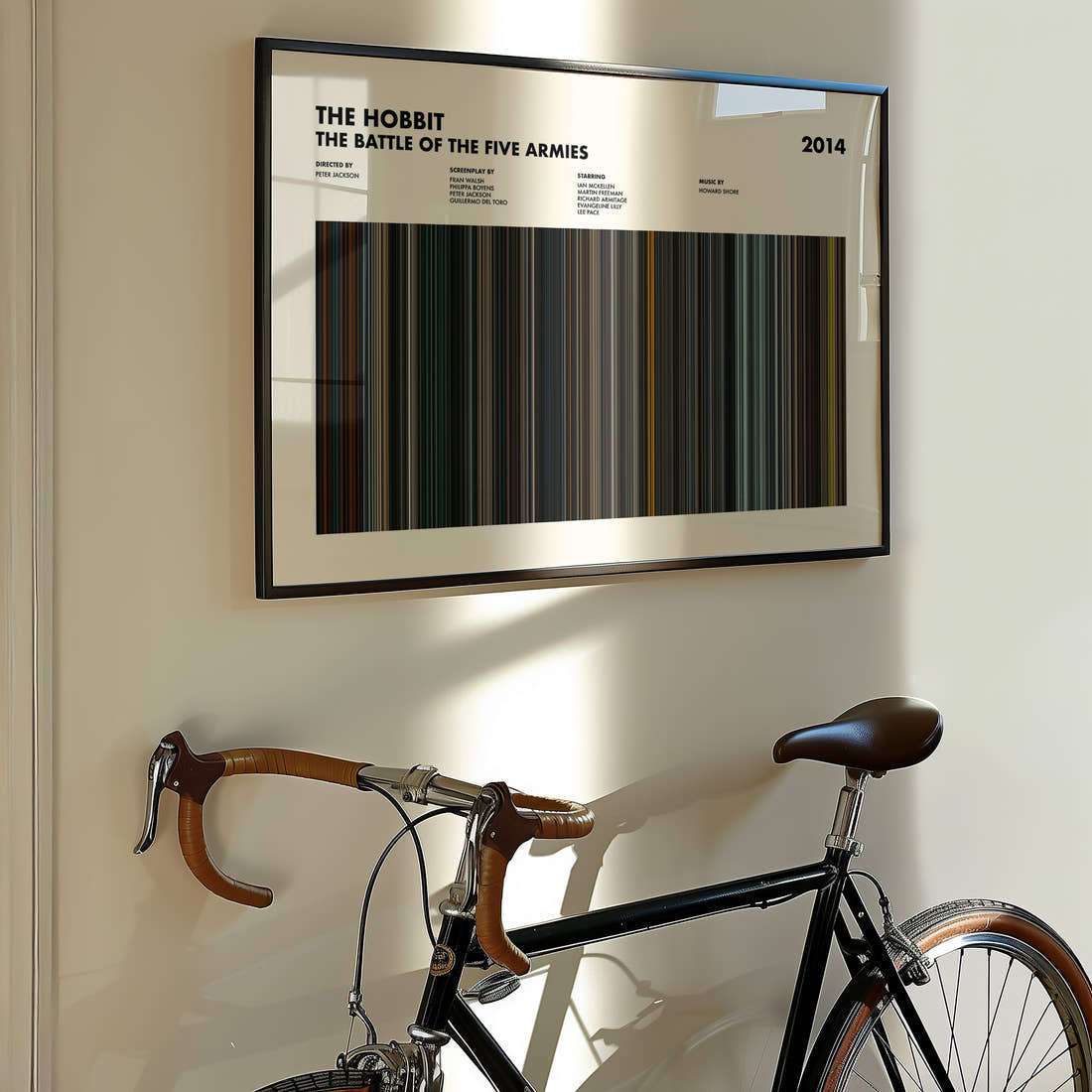 The Hobbit: The Battle of the Five Armies Movie Barcode Poster framed on the wall of a styled room setting