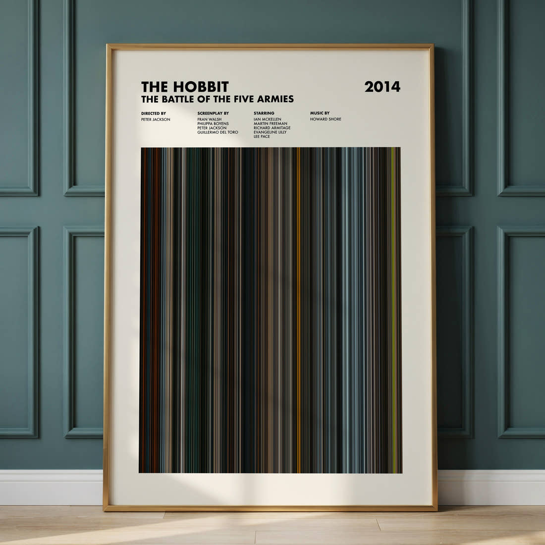 The Hobbit: The Battle of the Five Armies Movie Barcode Poster framed and leaning against a panelled wall