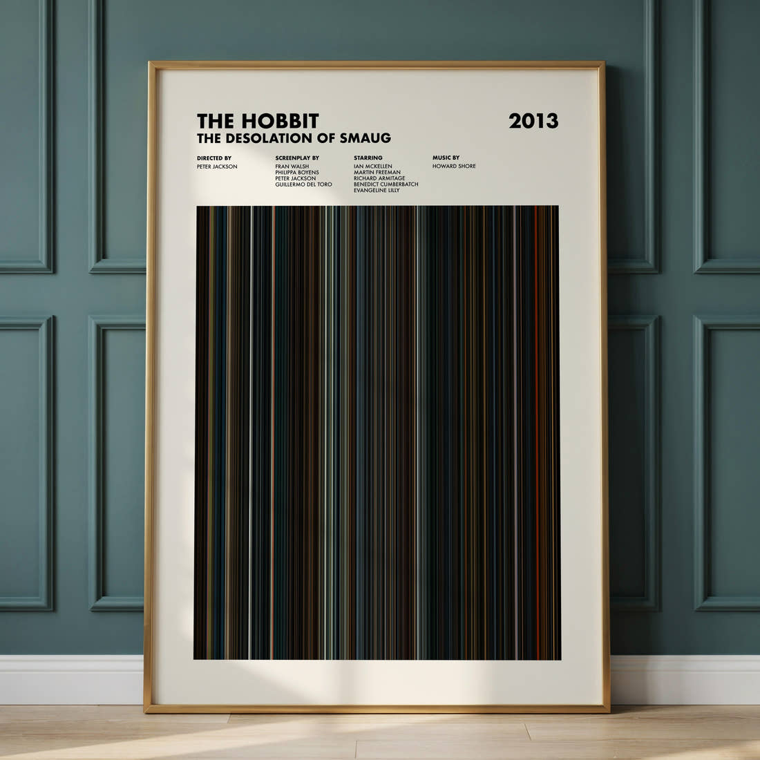 The Hobbit: The Desolation of Smaug Movie Barcode Poster framed and leaning against a panelled wall