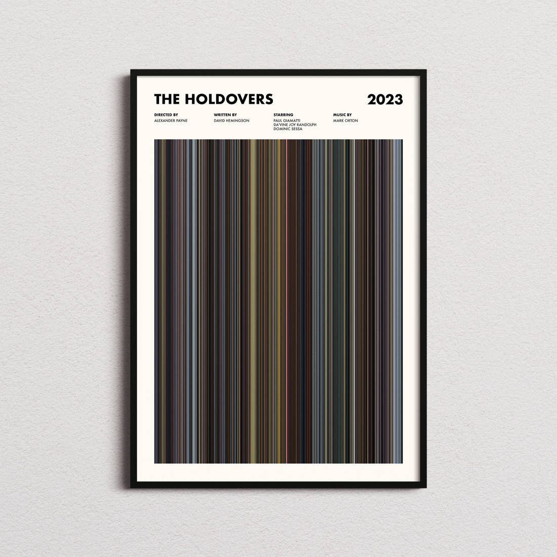 The Holdovers Movie Barcode Poster framed on a plain studio wall